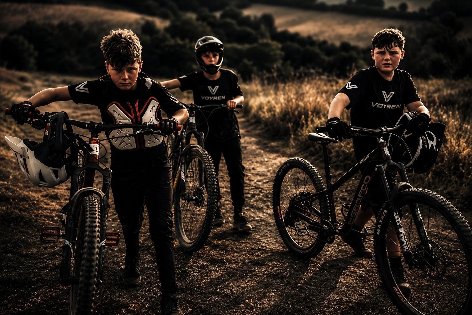 Three VOYREN mountain bikers with bikes on a trail