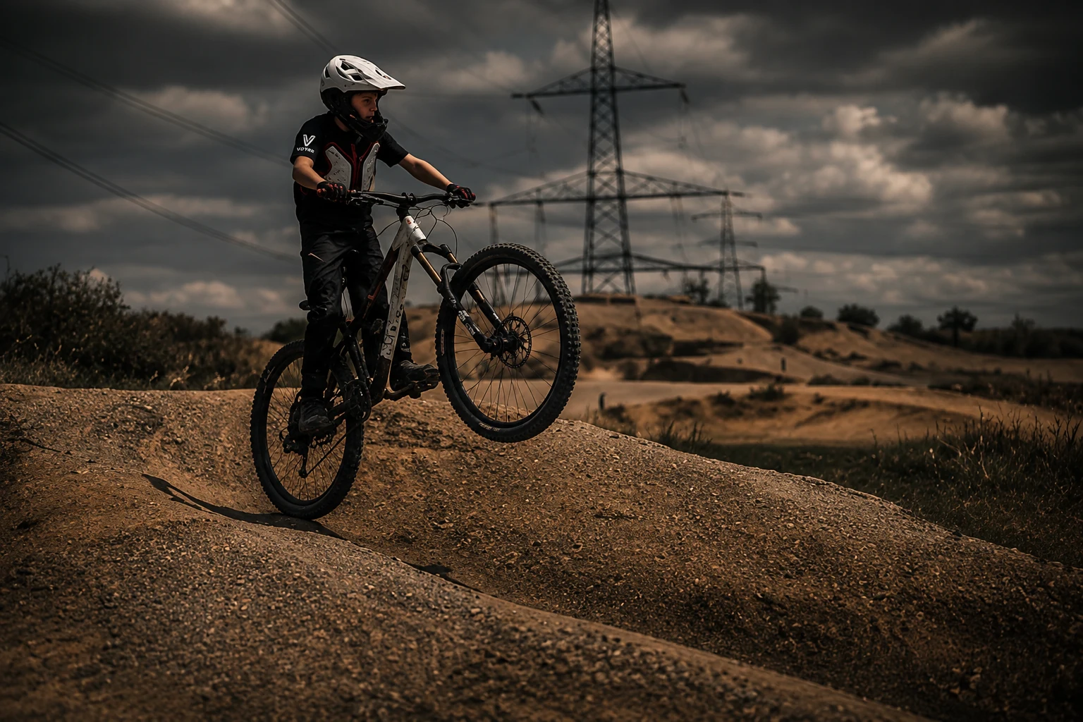 VOYREN mountain biker lifting the front wheel on a dirt track